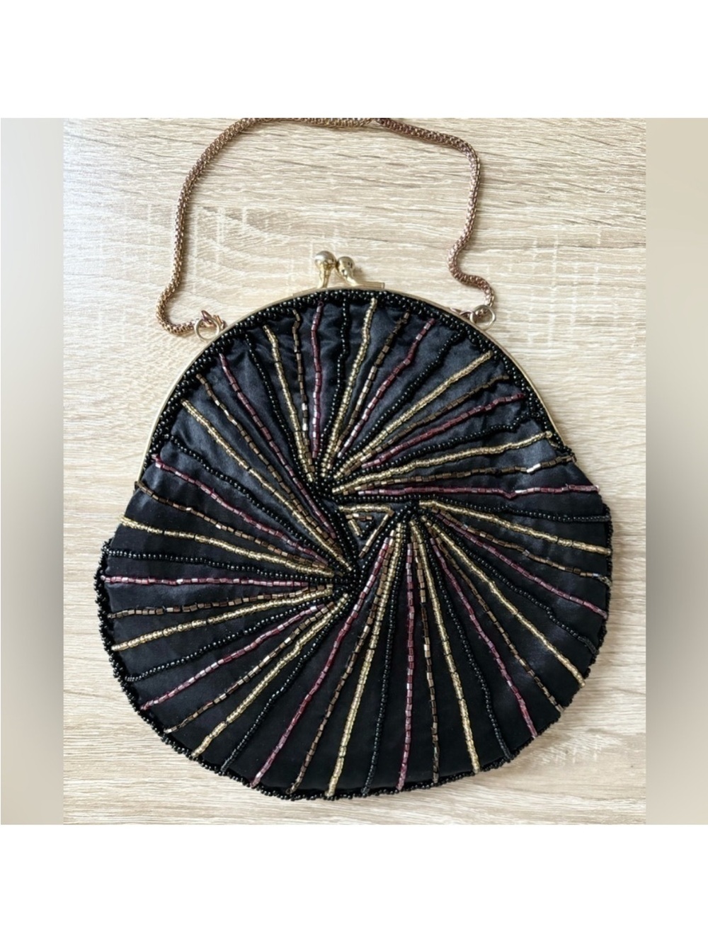 Magid Vintage Style Black Gold Beaded Circular Evening Bag Clutch